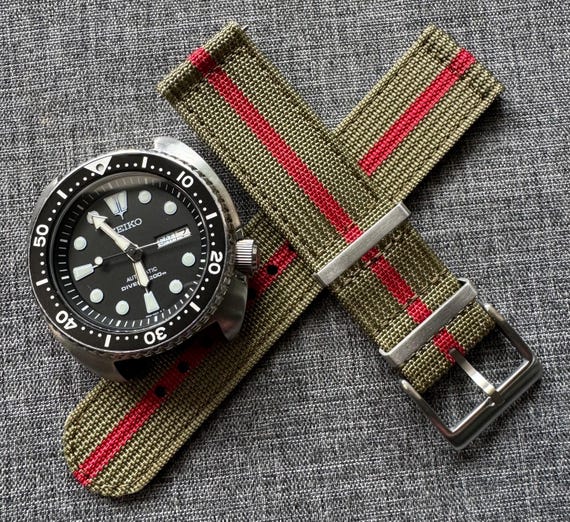 2 piece Premium Military Nylon Watch Strap / Green Red Stripe / Webbed Weave Nylon / Brushed Stainless Steel 20/22mm