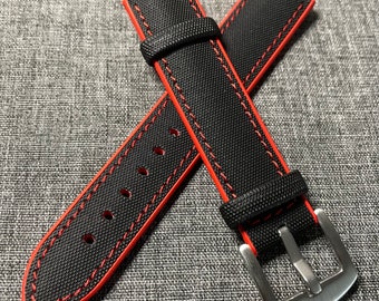 2nd Generation / Sailcloth Sports Watch Strap / Black Red Stitching 316 Steel 20/22/24mm