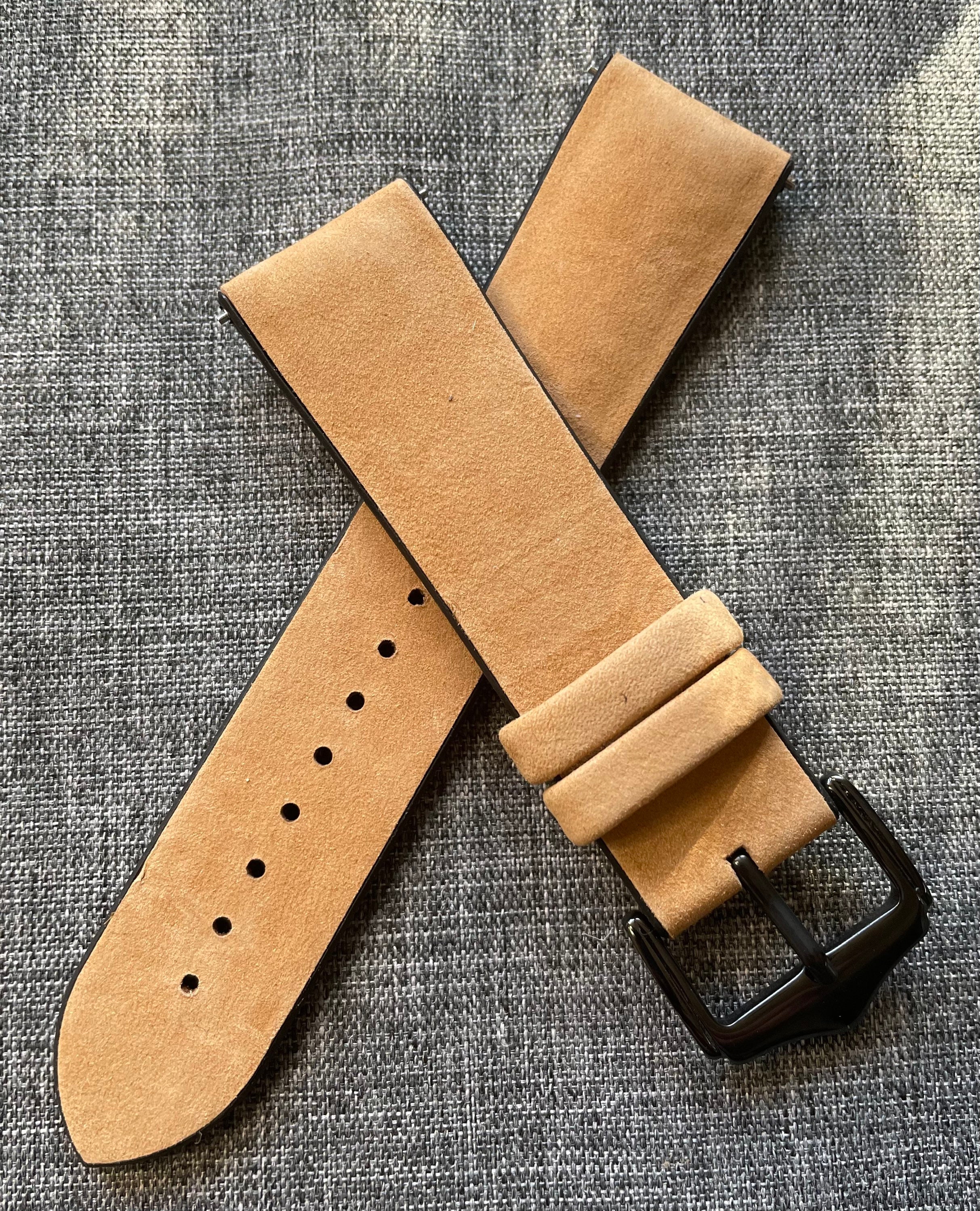 Suede Leather Soft Silicone Watch Strap / Camel / PVD Steel / New 20/22mm
