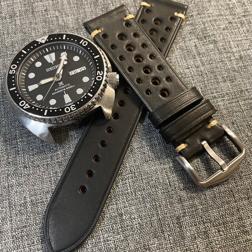 Cinturino per orologio in pelle italiana pieno fiore di qualità superiore / Design Rally / Conciato al nero 20 mm/22 mm