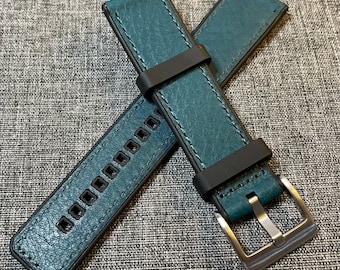 Leather Rubber Hybrid Sports Watch Strap / Blue & Black / 316 Steel 20/22mm