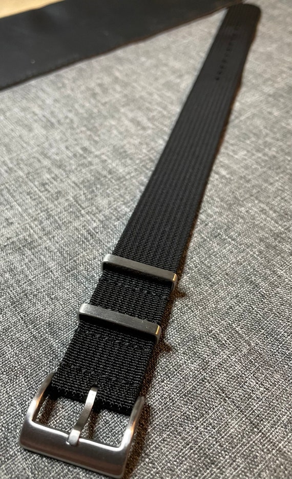 Premium Military Nylon Watch Strap / Black / Webbed Weave / Brushed Stainless Steel 20/22mm