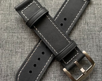 Quality Leather & Soft Silicone Fused Watch Strap / Black with White Stitching / Stainless Steel / New 20mm/22mm