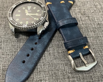 Italian Leather – Vintage style leather watch strap - Motley Blue tan 18/20/22mm