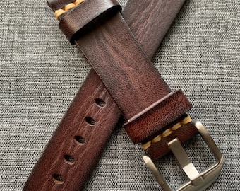 Premium Italian Tanned Leather / Vegetable Tanned Leather Watch Strap / Coffee / Stainless Steel / New 18/19/20/21/22/24mm