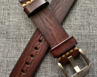 Premium Italian Tanned Leather / Vegetable Tanned Leather Watch Strap / Coffee / Stainless Steel / New 18/20/22/24mm