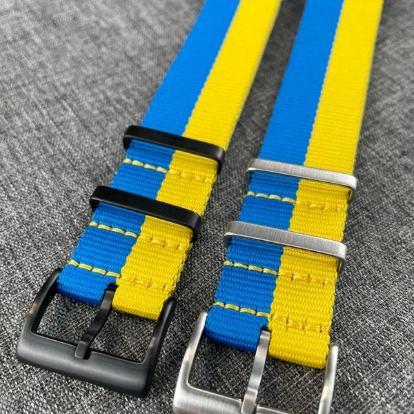 Bracelet exclusif en nylon Ukraine / Patriotic Blue Yellow / Options en acier inoxydable brossé et en acier PVD / NOUVEAU 20mm / 22mm