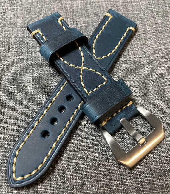 Premium Italian Oiled Leather / Infinity Stitch Watch Strap / Blue / 18/20/22/24mm