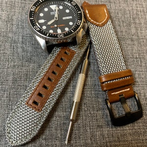 Canvas Leather Watch Strap / Dual Colour Grey - Brown / PVD Black Steel / New 20/22mm