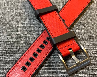Leather Rubber Hybrid Sports Watch Strap / Red & Black / 316 Steel 20/22mm