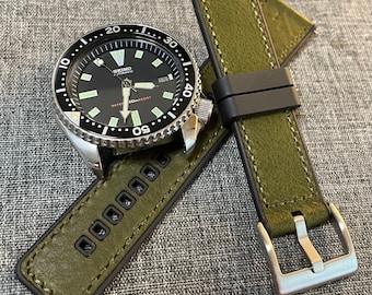 Leather Rubber Hybrid Sports Watch Strap / Green Black / 316 Steel 20/22mm
