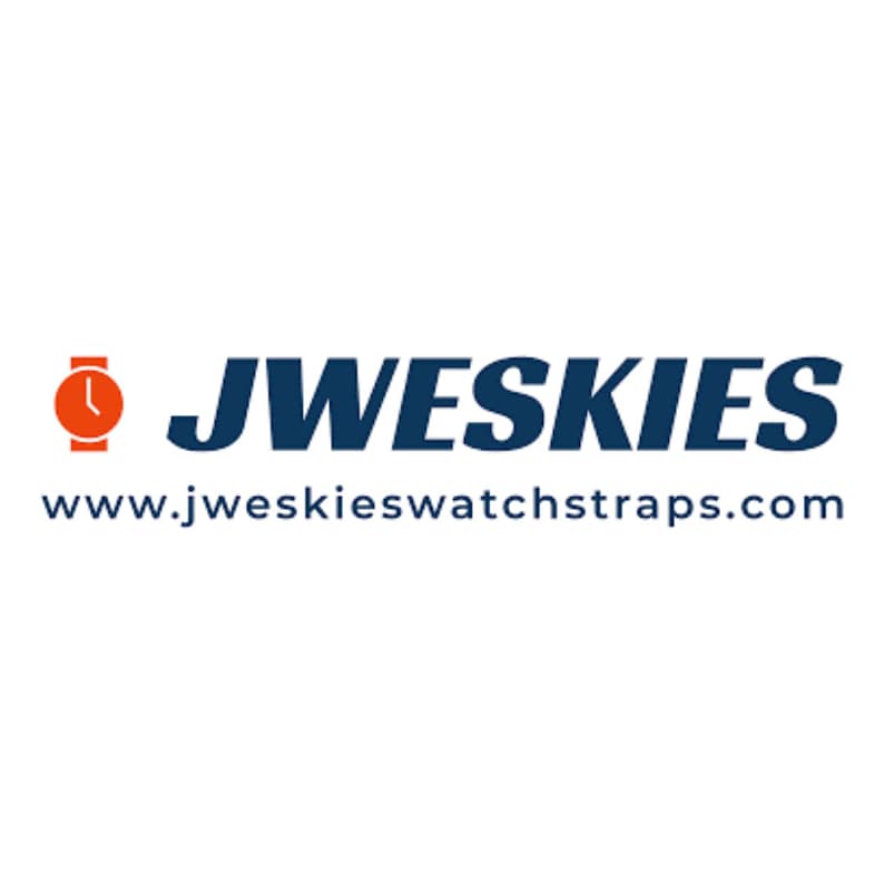 Puede incluir: Logotipo con la palabra "JWESKIES" en azul oscuro, acompa&ntilde;ada de un icono de reloj naranja. La direcci&oacute;n del sitio web "www.jweskieswatchstraps.com" se muestra debajo del nombre de la marca, en letra m&aacute;s peque&ntilde;a.