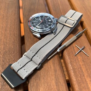 French Marine Nationale Nylon Watch Strap / Grey - Black Stripe / PVD Black Steel / New 22mm 20mm