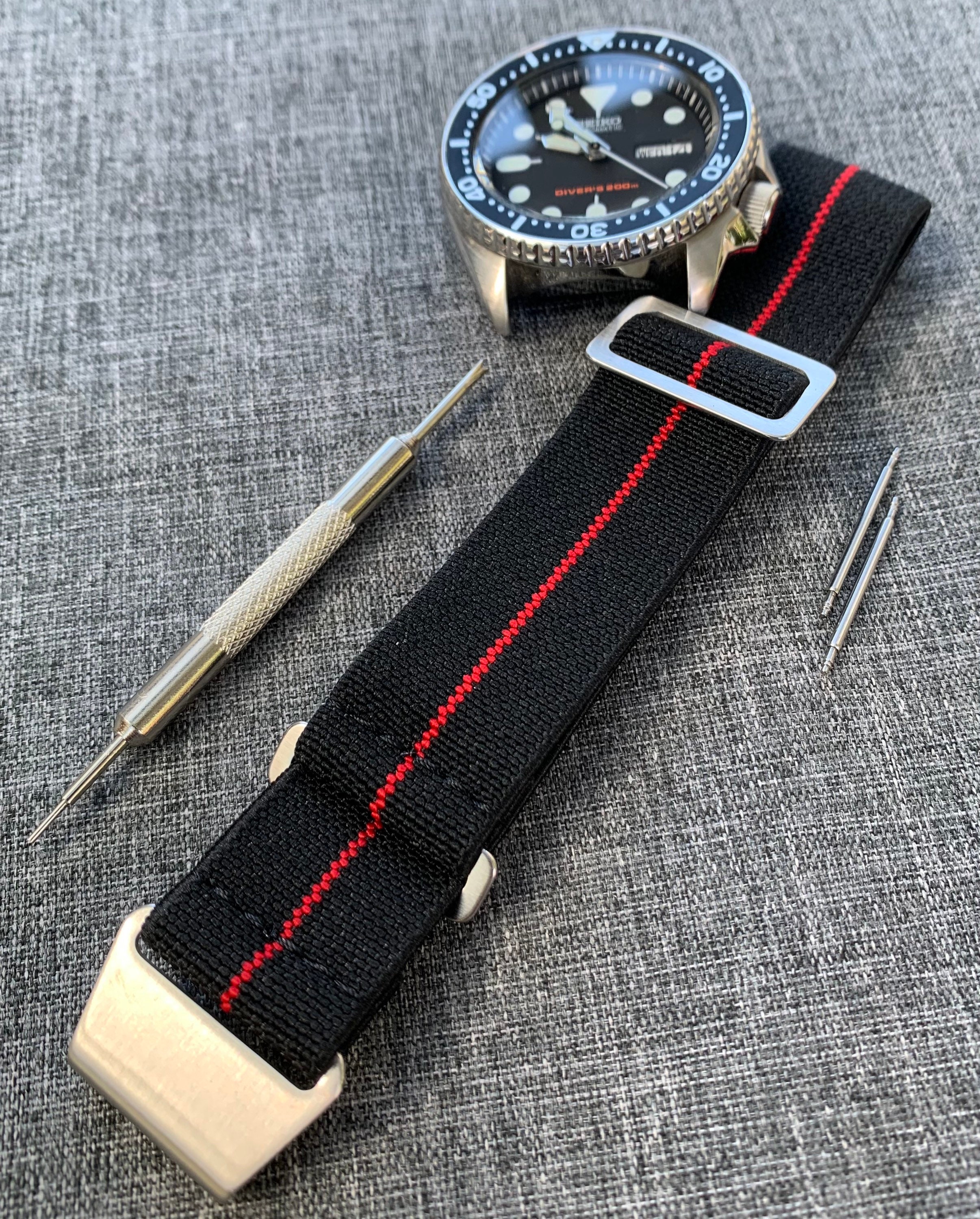 Black/Red Bond Nylon Hook N' Loop Watch Band - Stainless Steel