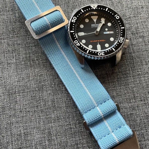 French Marine Nationale MN Nylon Watch Strap / Sky Blue - White Stripe / Stainless Steel / New 20mm/22mm