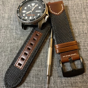 Canvas Leather Watch Strap - Dual Colour Black / Brown PVD Steel 20mm/22mm