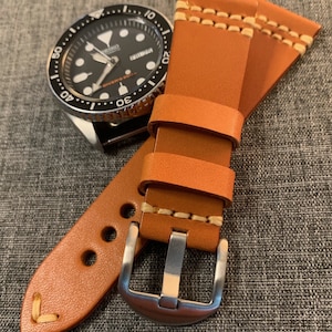 Premium Italian Tanned Leather / Soft vegetable tanned leather watch strap / Deep Orange / Stainless Steel / New 22mm image 1