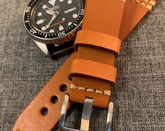 Premium Italian Tanned Leather / Bracelet de montre en cuir tanné végétal doux / Orange foncé / Acier inoxydable / Nouveau 22mm