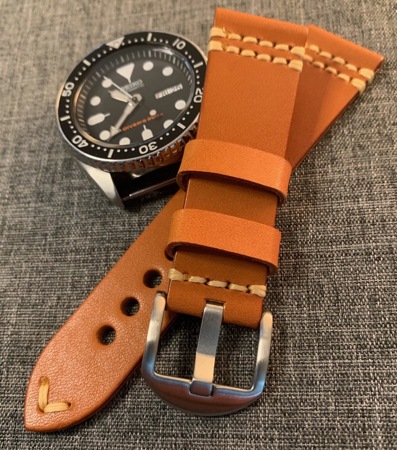 Premium Italian Tanned Leather / Soft vegetable tanned leather watch strap / Deep Orange / Stainless Steel / New 22mm image 1