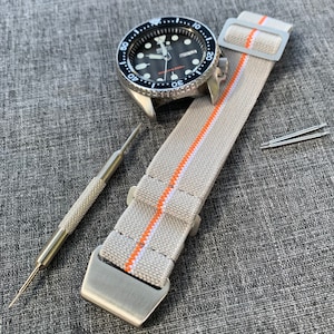 French Marine Nationale Nylon Watch Strap / Grey, Orange and White Stripe / Stainless Steel / New 20/22mm