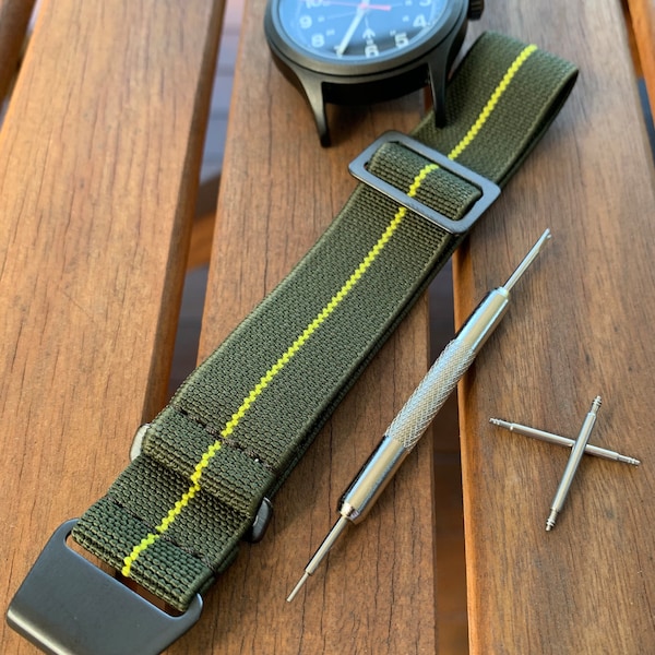 French Marine Nationale Nylon Watch Strap / Military Green - Yellow Stripe / PVD Black Steel / New 20mm/22mm