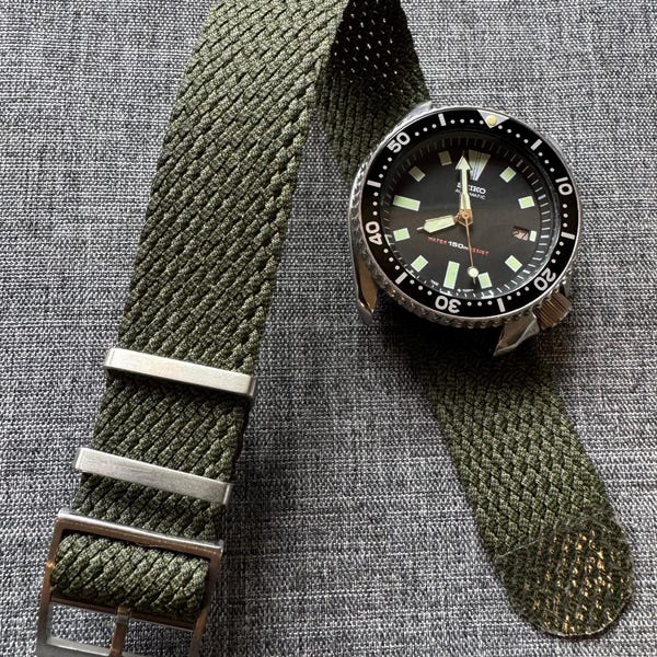 Single Pass Perlon Watch Strap / Green Two Tone Weave / Tudor Stainless Steel buckle 20mm/22mm