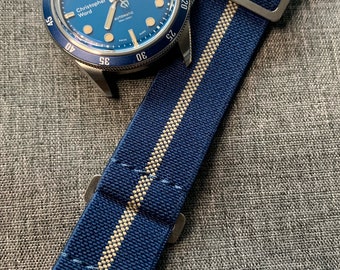 Marine Nationale Nylon Watch Strap / Blue - Khaki weave / Stainless Steel / New 20mm/22mm