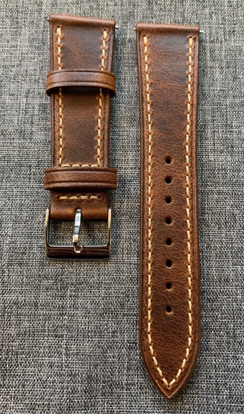 Cuir italien huilé haut de gamme / Bracelet-montre en cuir coupe vintage / Marron / Nouveau 20/22/24 mm image 4