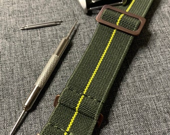 Pulseira de relógio de nylon French Marine Nationale / verde - listra amarela / ferragens de bronze / nova 20/22 mm