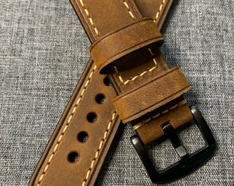 Premium Italian Oiled Leather / Bracelet de montre en cuir cousu / PVD Black Steel / Marron / Nouveau 20/22/24mm