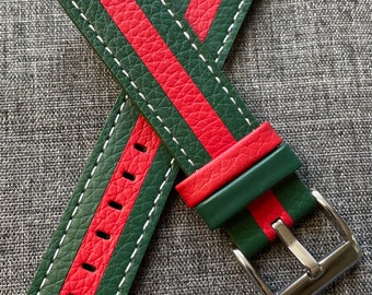 Top Grain Quality Leather / Rally Style Watch Strap / Green Red Stripe / 20/22mm