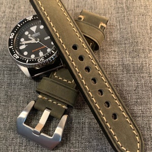 Premium Italian Oiled Leather / Stitched Leather Watch Strap / Green / New 20/22/24mm
