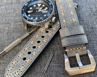 Premium Italian Oiled Leather / Vintage X stitched leather watch strap / Grey / New 20/22/24mm