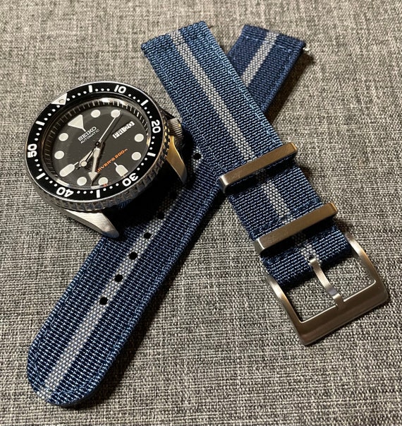Vintage watch strap / Webbed Nylon / Blue Grey Stripe / Stainless / 2 piece / 20/22mm