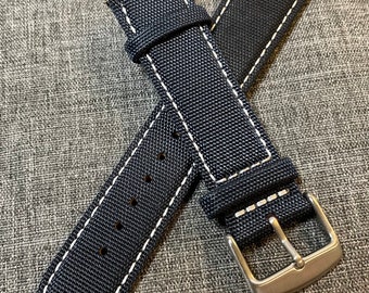 Marineblaues Segeltuch Leder armband / Edelstahl & PVD Stahl / 20/22mm