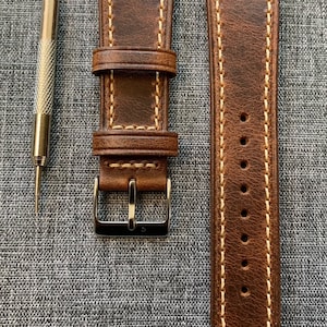 Cuir italien huilé haut de gamme / Bracelet-montre en cuir coupe vintage / Marron / Nouveau 20/22/24 mm image 2