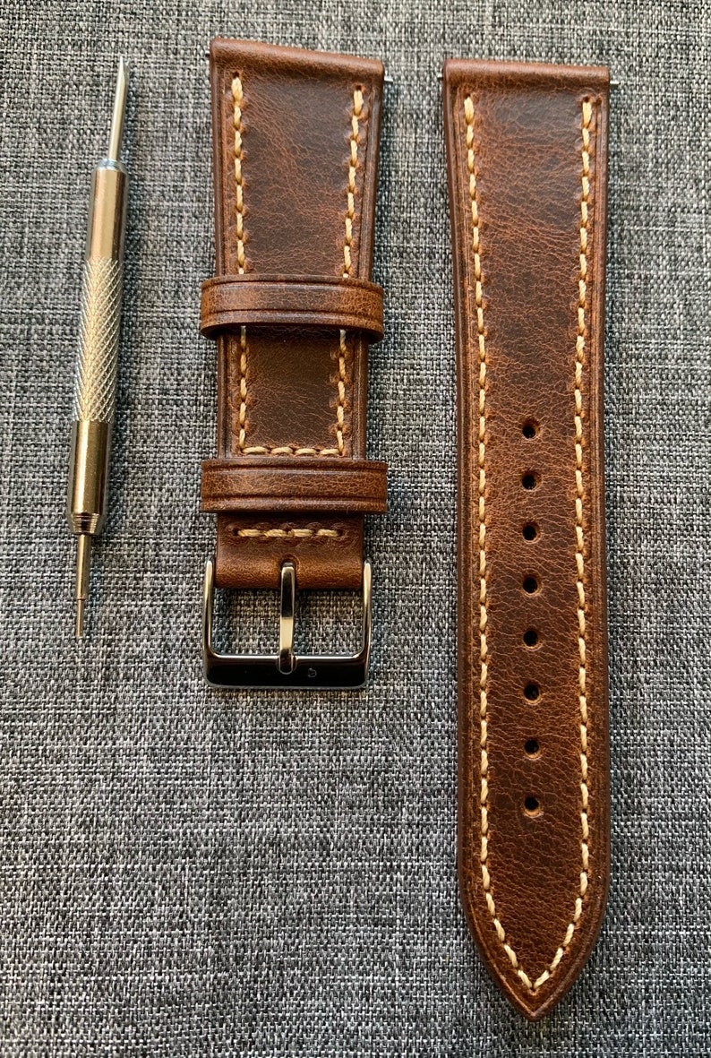 Cuir italien huilé haut de gamme / Bracelet-montre en cuir coupe vintage / Marron / Nouveau 20/22/24 mm image 2