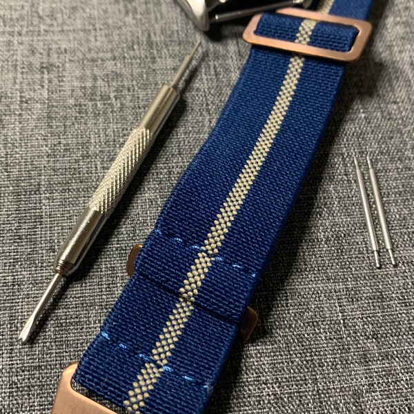 French Marine Nationale Nylon Watch Strap / Navy Blue - Sand weave / Bronze Hardware / New 20/22mm
