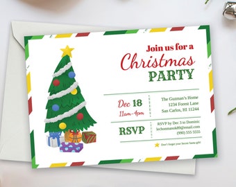 Christmas Party Invitation with Tree, Downloadable Printable Art, Editable Template Invite