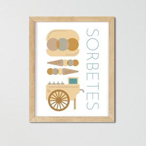 May include: A framed illustration of a vintage ice cream cart with a wooden wheel, cones, and scoops of ice cream. The text "SORBETES" is written vertically in teal on the right side of the image.