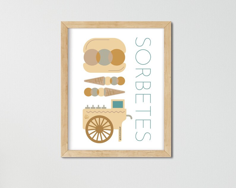 May include: A framed illustration of a vintage ice cream cart with a wooden wheel, cones, and scoops of ice cream. The text "SORBETES" is written vertically in teal on the right side of the image.