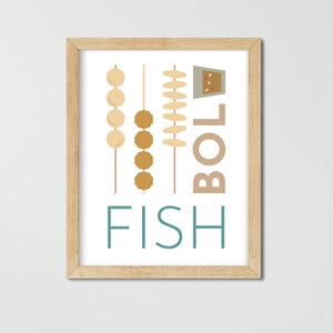 May include: A framed print with a white background and a teal blue graphic of the word "FISH" with the word "BALL" vertically stacked above it. The graphic also includes a stick of fish balls and a stick of fish cakes.