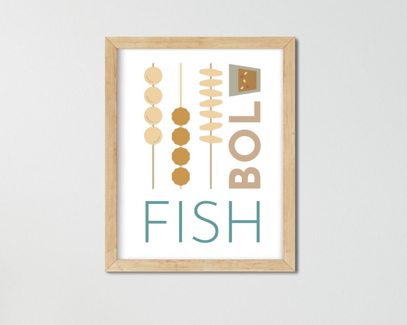 May include: A framed print with a white background and a teal blue graphic of the word "FISH" with the word "BALL" vertically stacked above it. The graphic also includes a stick of fish balls and a stick of fish cakes.