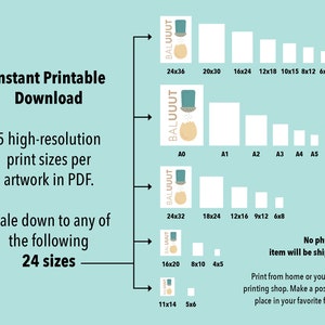 May include: A digital download of printable artwork in PDF format. The artwork features a blue and white illustration of a peanut with the text "BALUUUT". The image shows 24 different sizes of the artwork, ranging from 4x6 inches to 24x36 inches.
