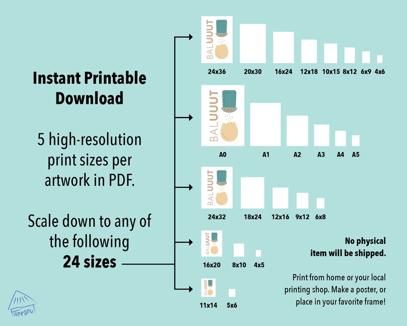 May include: A digital download of printable artwork in PDF format. The artwork features a blue and white illustration of a peanut with the text "BALUUUT". The image shows 24 different sizes of the artwork, ranging from 4x6 inches to 24x36 inches.
