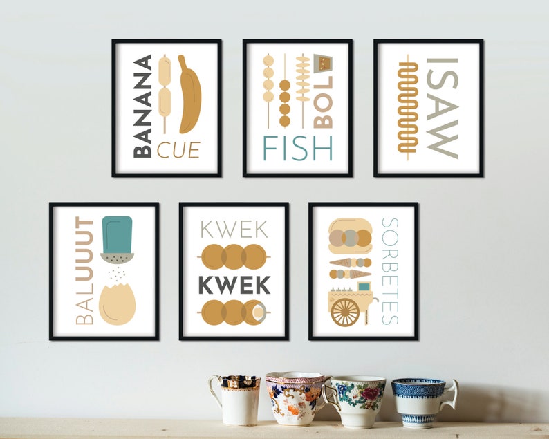 May include: Set of 8 black framed prints with illustrations of Filipino street food. The prints feature the text "Banana Cue", "Fish Ball", "Isaw", "Balut", "Kwek Kwek", and "Sorbetes".