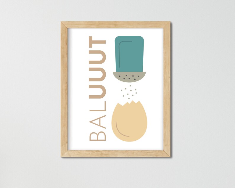 May include: A framed print with a minimalist design featuring a blue salt shaker pouring salt onto a yellow egg. The text "BALUUUT" is written vertically on the left side of the print.