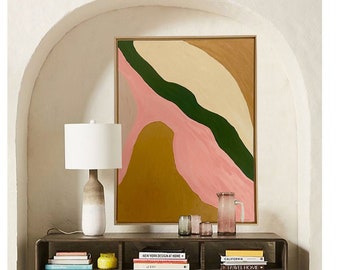 Original handmade oil on canvas abstract painting. Modern Pink|Gold|Green|Cream|Tan in a maple floater frame ready to hang 31.5" x 41.75"