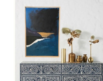 Handmade Abstract Oil Painting | Blue, Black, Gold | Framed Canvas Art