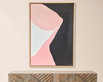 Handmade Abstract Oil Painting – Blush, Black & White, Maple Frame